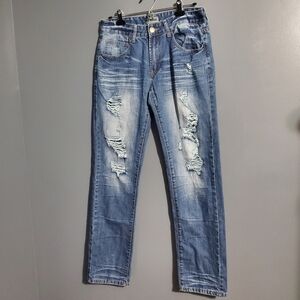 Rue 21 CJ Black Blue Denim Mens Jeans Distressed Slim Straight Size 30/32